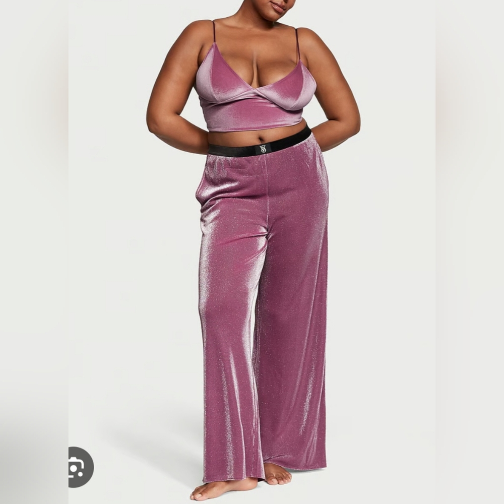 NWT Victoria's Secret Purple Velvet Cami & Wide Leg Pajamas Set Large Regular